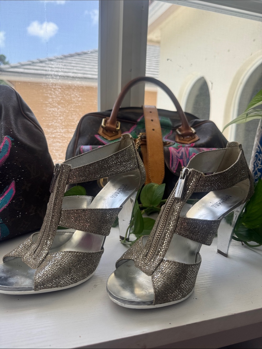 Michael Kors Glittery Silver T-Strap Peep-Toe Heels